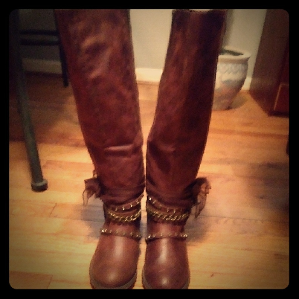 Not Rated Brown Tall Heeled Boots with Chain Accents